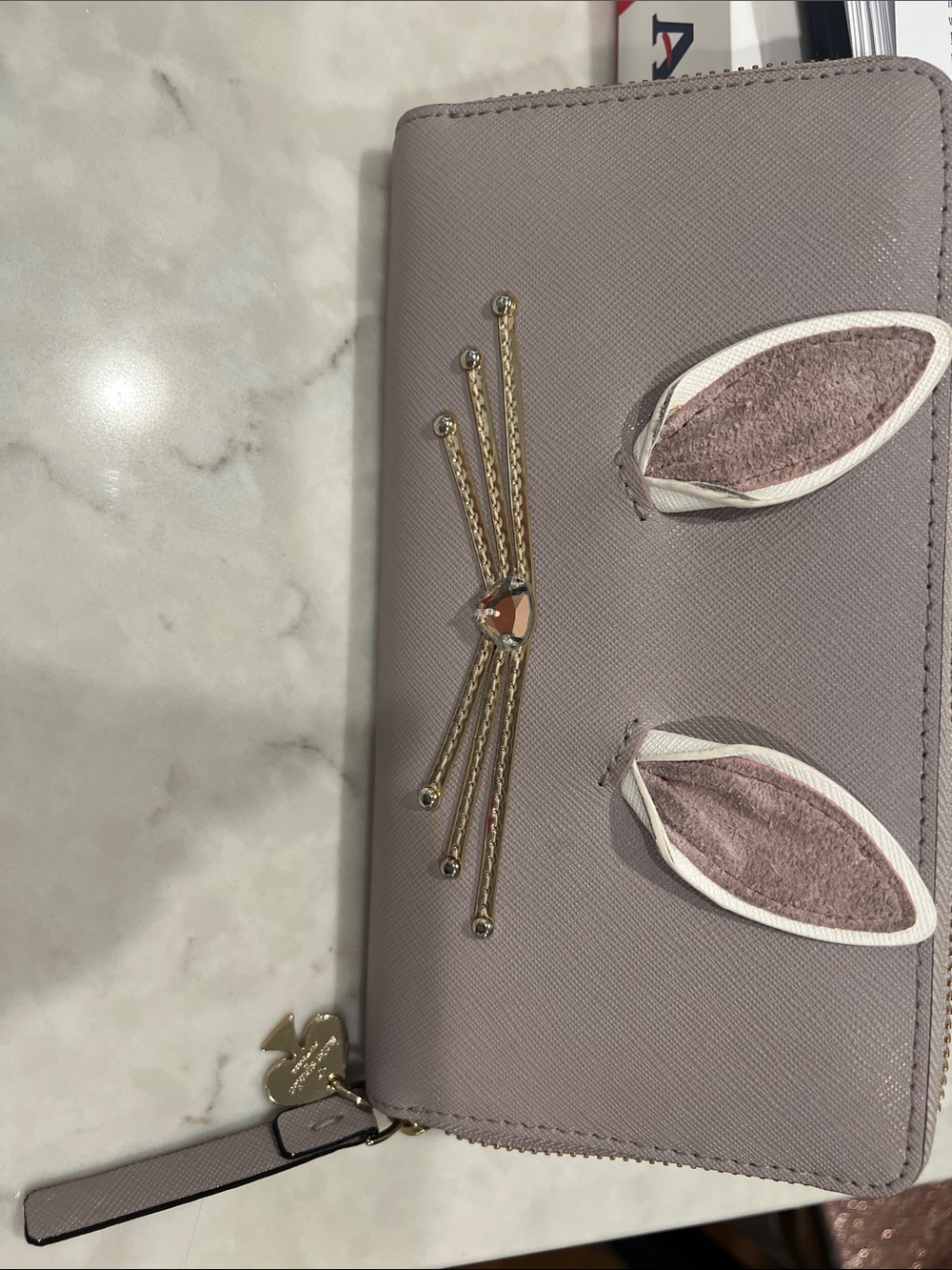 Kate Spade Hop To It Bunny Rabbit  Zip Around Wallet Gray Lilac